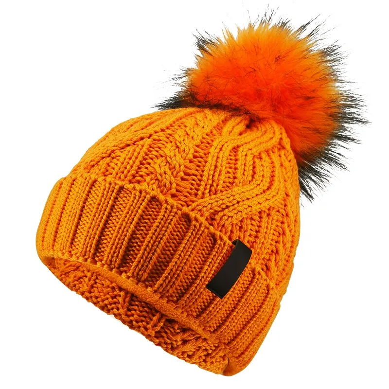 Custom Merino Wool Faux Fur POM POM Hats, Cable Knit Wool Luxury Designer Burgundy Winter Hats for Women Unisex Warmly Pompom Beanies