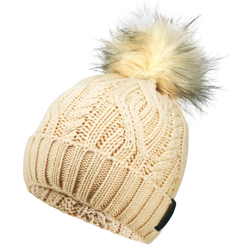 Custom Merino Wool Faux Fur POM POM Hats, Cable Knit Wool Luxury Designer Burgundy Winter Hats for Women Unisex Warmly Pompom Beanies