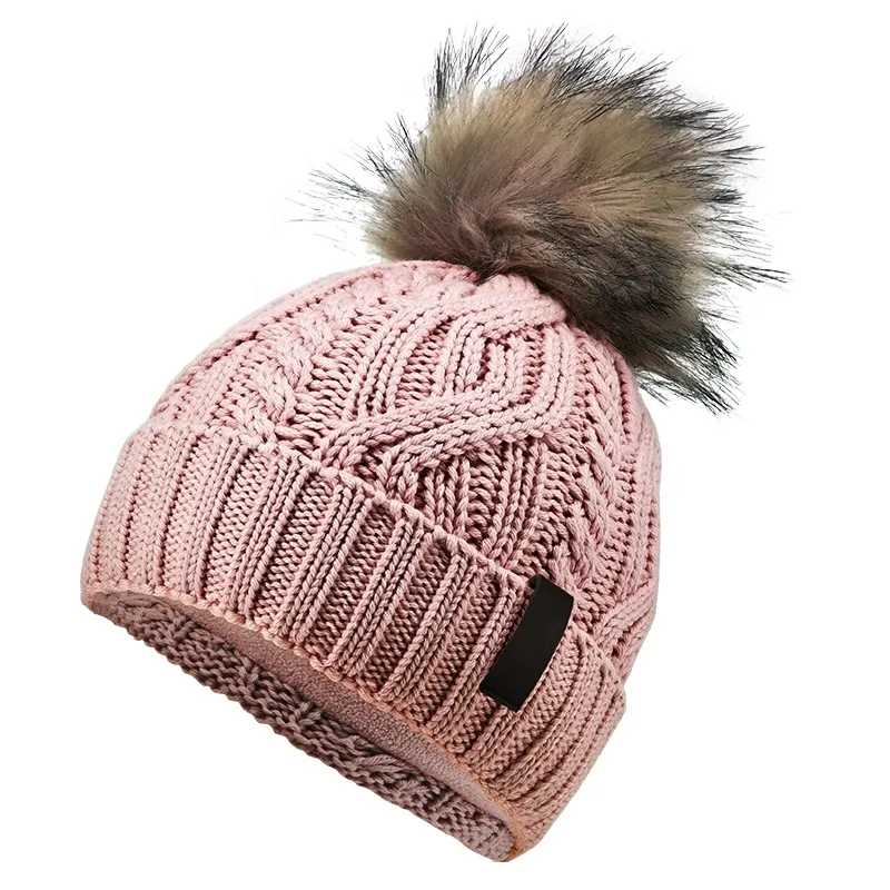 Custom Merino Wool Faux Fur POM POM Hats, Cable Knit Wool Luxury Designer Burgundy Winter Hats for Women Unisex Warmly Pompom Beanies
