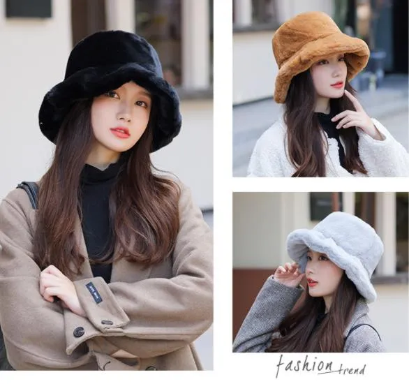 Fur Bucket Hat Fluffy Bucket Hats Faux Fur Hat High Quality, Warm Fashion Hats Colorful Lady Hat