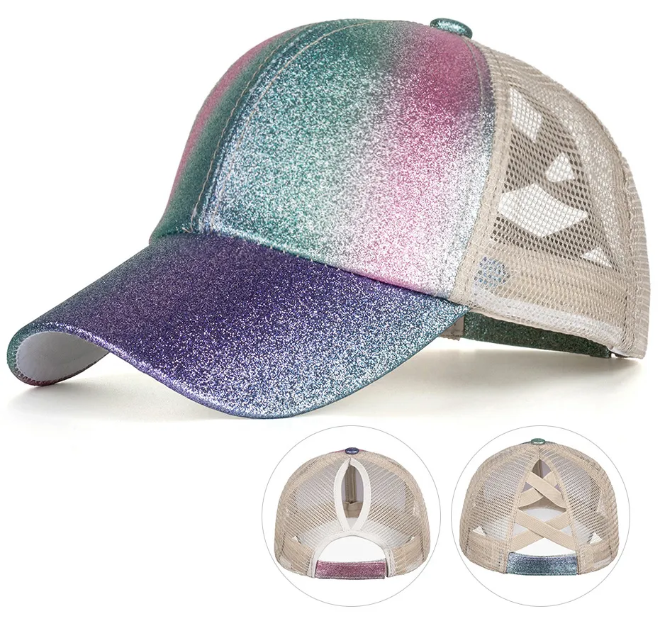 Gradient Colour Messy High Bun Adjustable Color Changing Glitter Bling Hat Criss Cross Mesh Ponytail Cap