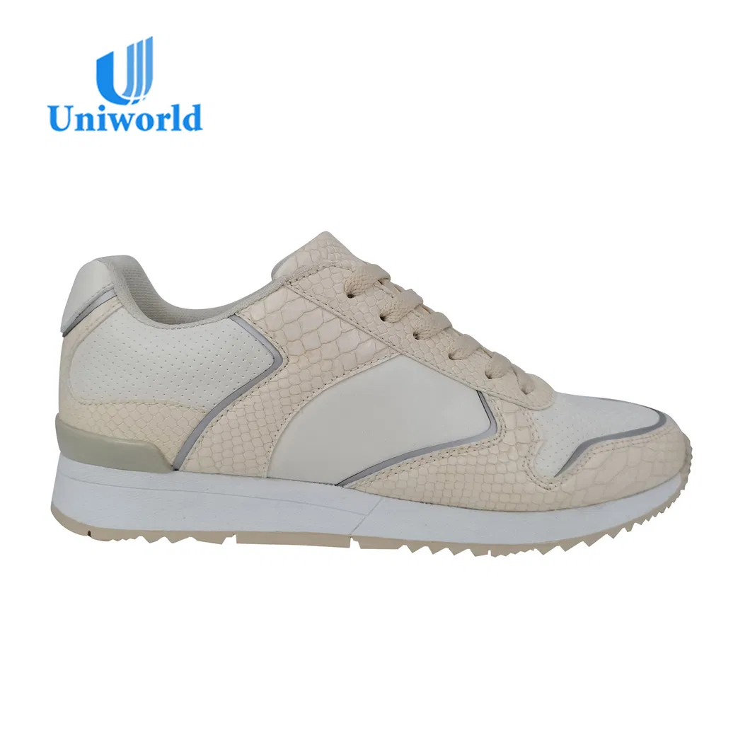 Uniworld Vietnam Factory Wholesale Custom Brand OEM Leather Snakeskin Pattern Upper Best Price Women′ S Casual Walking Shoes Sneakers
