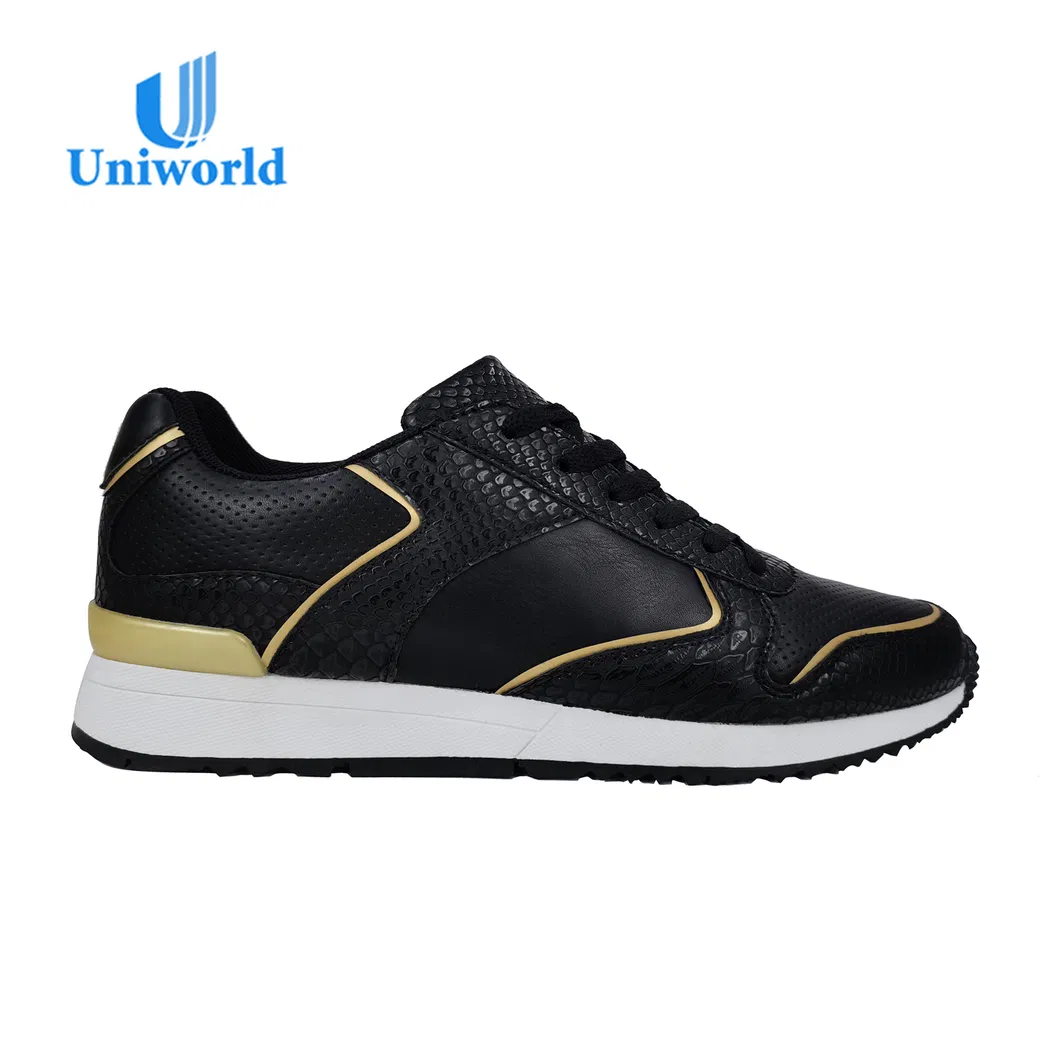 Uniworld Vietnam Factory Wholesale Custom Brand OEM Leather Snakeskin Pattern Upper Best Price Women′ S Casual Walking Shoes Sneakers