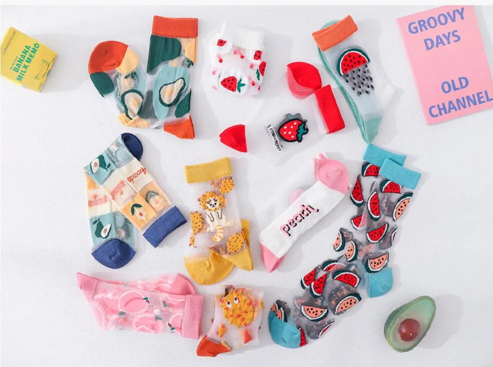 Women Fishnet Lace Sheer Mesh Transparent Cute Fruits Socks Girls Clear Tulle Ankle Crew Socks