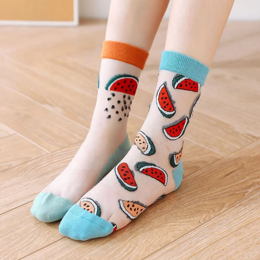 Women Fishnet Lace Sheer Mesh Transparent Cute Fruits Socks Girls Clear Tulle Ankle Crew Socks